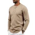 T-shirt Henley à manches longues en tricot gaufré pour homme, haut texturé rétro décontracté. - Kaki