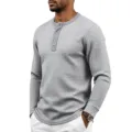 T-shirt Henley à manches longues gaufrées grises pour hommes haut vintage texturé - Gris clair