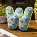 Blue plush letter W pillow with colorful heart appliques, soft toy home decor gift. - Letter W