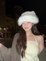 Faux fur splicing woolen equestrian hat detail shot, warm autumn winter fashion flat top hat. - White