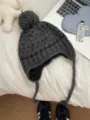 Korean style cute pom pom knit beanie winter warm thick braided earflap hat for women - Heart Jacquard Pom Pom Style / Dark Gray