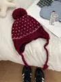 Korean style cute pom-pom knit beanie with earflaps and braids, thick warm winter hat. - Heart Jacquard Pom Pom Style / Burgundy