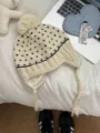 Korean cute pom-pom knit hat autumn winter warm earflap braided beanie for women - Heart Jacquard Pom Pom Style / Off White