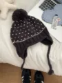 Korean style cute knit pom pom hat with earflaps and warm winter design for women. - Heart Jacquard Pom Pom Style / Black