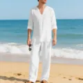 Men's casual linen long sleeve shirt and pants set beach outfit in clean solid white. - S / Top And Bottom / White