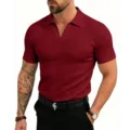 Vista detallada polo de verano hombre punto acanalado, manga corta cuello V transpirable. - S / Tops / Burdeos