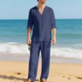 Men linen long sleeve shirt and pants set beach casual V-neck outfit detail scene view. - S / Top And Bottom / Navy Blue