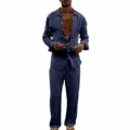 Men's casual linen long sleeve shirt and straight trousers two-piece set, breathable and loose. - S / Top And Bottom / Navy Blue