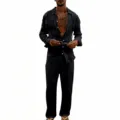 Detail view of men casual linen long sleeve shirt and straight pants set black breathable fabric. - S / Top And Bottom / Black