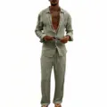 Men's casual linen long sleeve shirt and straight pants set for comfortable daily wear. - S / Top And Bottom / Army Green