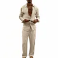 Casual linen shirt and trousers detail, breathable fabric, loose fit, comfortable daily wear. - S / Top And Bottom / Khaki