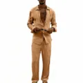 Men Casual Linen Long Sleeve Shirt and Pants Set Khaki Loose Fit Breathable Two Piece Outfit - S / Top And Bottom / Earthy Yellow