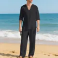 Men's casual linen long sleeve shirt and pants set, perfect for beach and summer daily wear. - S / Top And Bottom / Black
