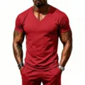 Men's quick-dry breathable V-neck short sleeve fitness athletic t-shirt apparel detail view. - S / Tops / Red