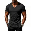 Detailed view of athletic black V-neck t-shirt showing breathable mesh fabric and fit. - S / Tops / Black