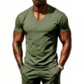Men's olive green V-neck quick-dry athletic short sleeve t-shirt fitness breathable gym top - Army Green