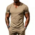 Men's Quick-Dry V-Neck Athletic T-Shirt Summer Gym Workout Breathable Casual Short Top - Khaki