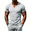 Men's grey V-neck quick-dry athletic short sleeve t-shirt fitness mesh top variant. - Light Gray