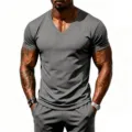 Men quick dry athletic V-neck short sleeve t-shirt and shorts set, grey gym fitness apparel. - Dark Gray