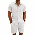 Herren Sommer Freizeit Cord Kurzarm Hemd und kurze Hose Set in weiss modern top neu - S / Oberteil und Unterteil / Weiß