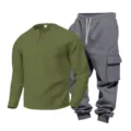 Detail shot of mens waffle long sleeve henley shirt and cargo sweatpants set in olive and grey. - Green Top Dark Gray Pants