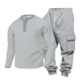 Men grey waffle knit Henley long sleeve shirt and cargo sweatpants casual two piece set. - Light Gray Top Light Gray Pants