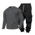 Men's waffle knit Henley shirt and cargo sweatpants set, casual long sleeve outfit for autumn. - Dark Gray Top Black Pants