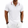 Men's casual short sleeve polo shirt featuring a stylish red and blue contrast collar. - S / White