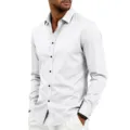 Camisa de hombre manga larga vista de detalle, corte ajustado, solapa y botones. - S / Tops / Blanco
