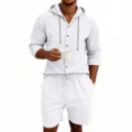 Men's casual linen hooded shirt and shorts set summer beach two-piece outfit white - S / White