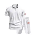 Mens summer linen polo shirt and shorts set with flag embroidery, casual two-piece outfit. - S / White