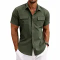 Men's short sleeve utility shirt, casual military style with double chest pockets, green. - S / Army Green