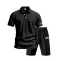 Detailed view of the black men's casual polo shirt and shorts set with flag embroidery. - S / Black