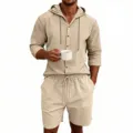 Men casual linen hooded shirt shorts set, breathable summer vacation outfit for men. - S / Khaki