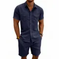 Herren Sommer casual Cord Kurzarm Hemd und Shorts Set mit praktischen Taschen. - S / Oberteil und Unterteil / Marineblau