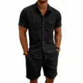 Herren Sommer Freizeit Cord Kurzarm Hemd und Shorts Set mit mehreren Taschen Streetwear Outfit - S / Oberteil und Unterteil / Schwarz