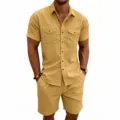Detailansicht Herren Kord Kurzarmhemd und Shorts Set Freizeit Outdoor Bekleidung Mode - S / Oberteil und Unterteil / Gelb