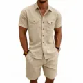 Men's summer casual corduroy short sleeve shirt and shorts matching cargo two piece outfit - Apricot