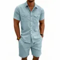 Men casual corduroy short sleeve shirt and shorts set summer two piece outfit beach streetwear - Light Blue
