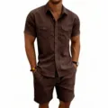 Detailed view of a stylish men's short-sleeve corduroy button-up shirt and shorts set. - Brown