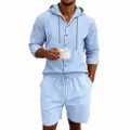 Detailed view of men's casual linen hooded shirt and shorts set in light blue color. - S / Light Blue