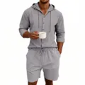 Men's casual linen long sleeve hooded shirt and shorts set for summer vacation and daily wear. - Dark Gray