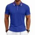 Close-up detail of men's short sleeve polo shirt collar design in solid blue with red trim. - S / Sapphire Blue