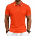 Men's solid color short sleeve polo shirt summer casual golf quick dry top detail view. - Orange