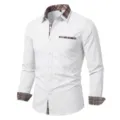 Men's long sleeve contrast plaid dress shirt casual business white button-down shirt - S / Tops / White