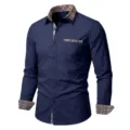 Men's casual long-sleeve business shirt with stylish contrast plaid collar and cuffs. - S / Tops / Navy Blue