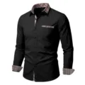 Men's casual long sleeve shirt with contrast plaid collar and cuffs, slim fit black dress shirt. - S / Tops / Black
