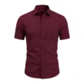 Burgundy short sleeve dress shirt detail, collar and chest pocket close up view. - Burgundy