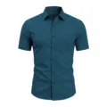 Men's short sleeve dress shirt collar detail pocket close up casual style business office wear. - Dark Green