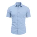 Light blue short sleeve men shirt detail, classic lapel collar and chest pocket design. - Light Blue